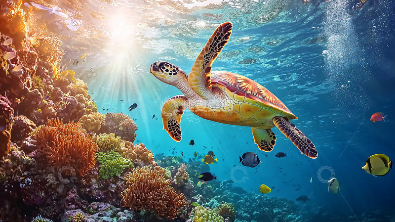 高清大图下载【趣麦麦图】阳光下的海龟珊瑚礁