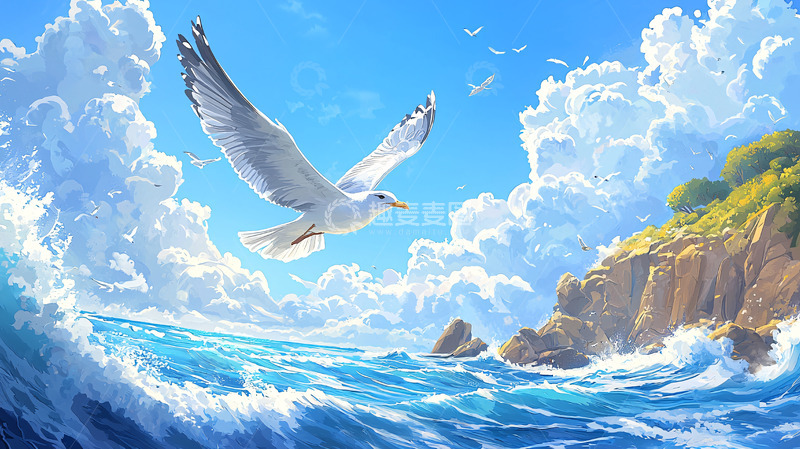 高清大图下载【趣麦麦图】海鸥飞翔在碧海蓝天