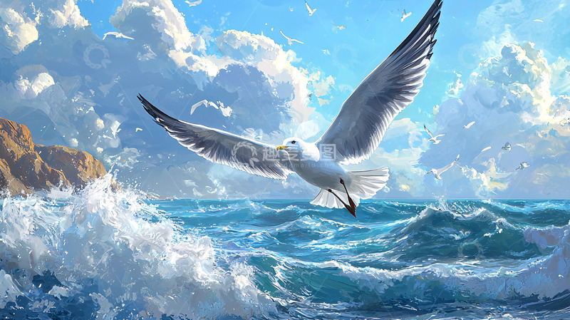 高清大图下载【趣麦麦图】海鸥飞翔大海波浪