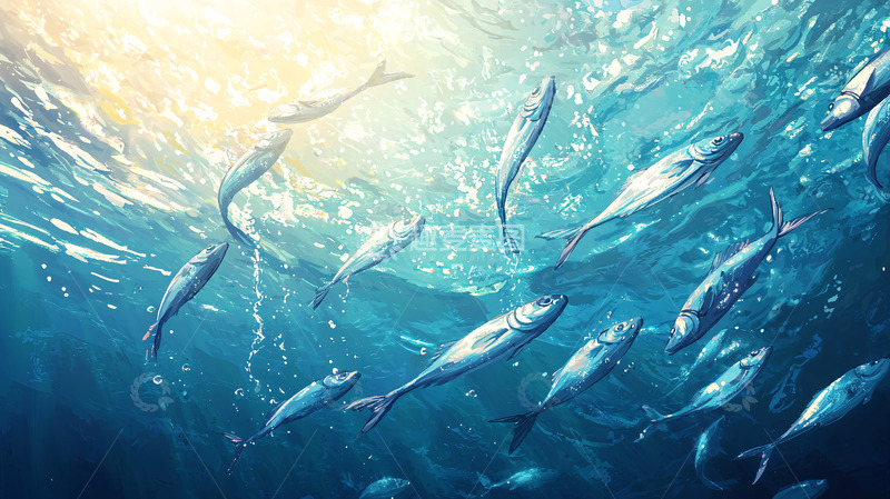 高清大图下载【趣麦麦图】阳光下成群鱼类在水中游动