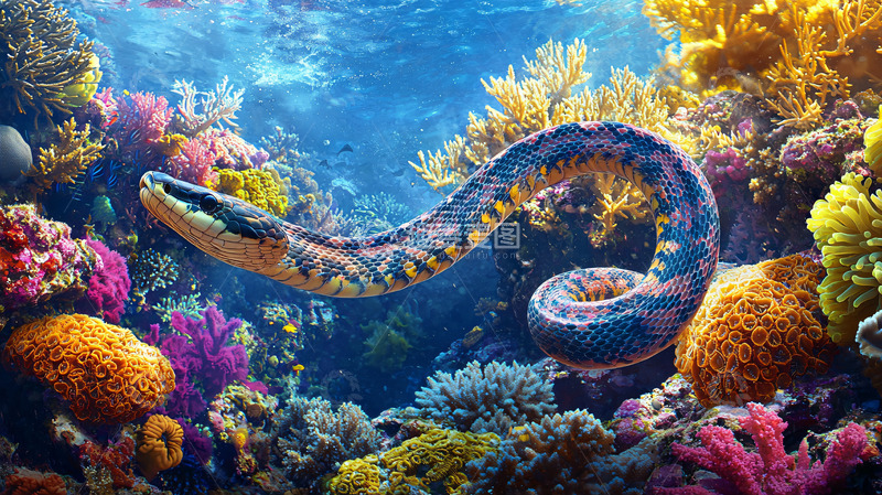 高清大图下载【趣麦麦图】珊瑚礁海蛇高清图片