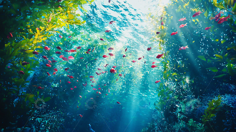 高清大图下载【趣麦麦图】阳光透过海藻照射鱼群