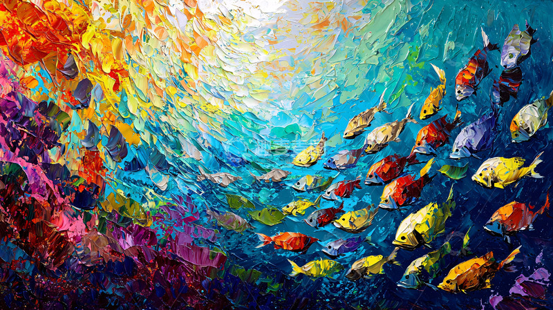 高清大图下载【趣麦麦图】色彩斑斓的鱼群油画