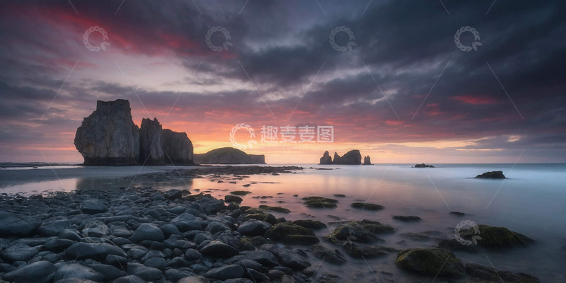 高清大图下载【趣麦麦图】海岸边晚霞落日余晖