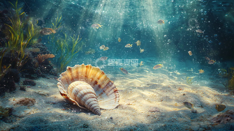 高清大图下载【趣麦麦图】阳光透过海水照射贝壳