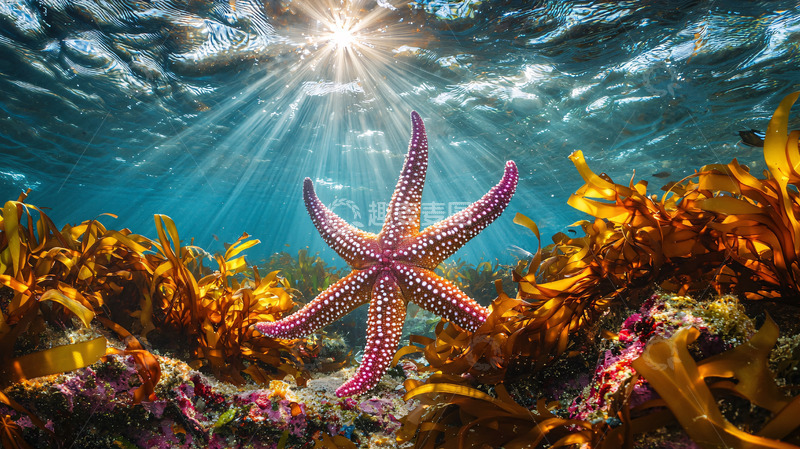 高清大图下载【趣麦麦图】阳光下的海星与海藻