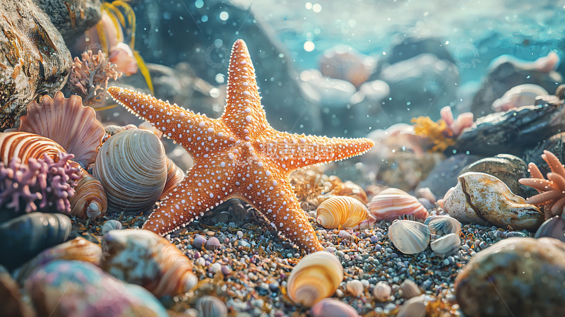高清大图下载【趣麦麦图】海滩上的橙色海星和贝壳