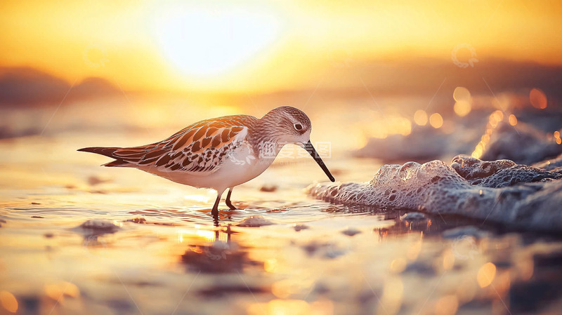 高清大图下载【趣麦麦图】日落海滩小鸟觅食