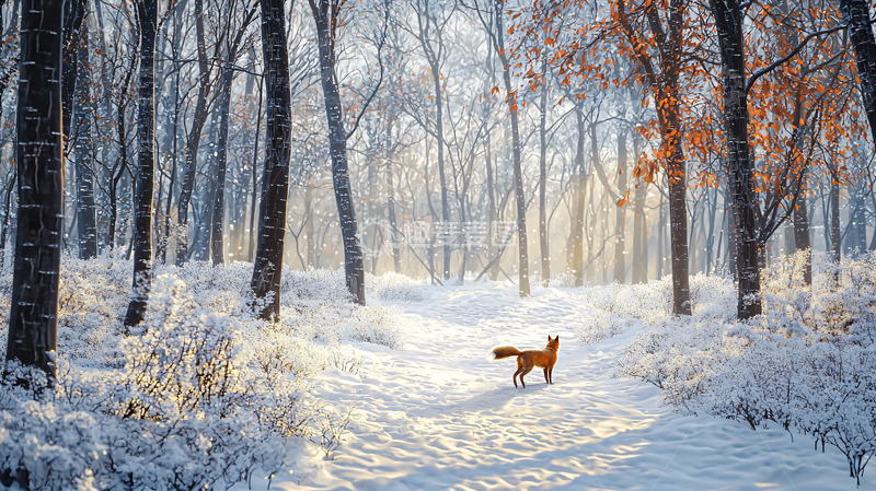 高清大图下载【趣麦麦图】冬日森林小径上的狐狸