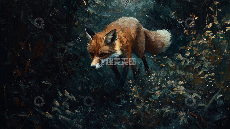 高清大图下载【趣麦麦图】暗夜丛林中一只红狐