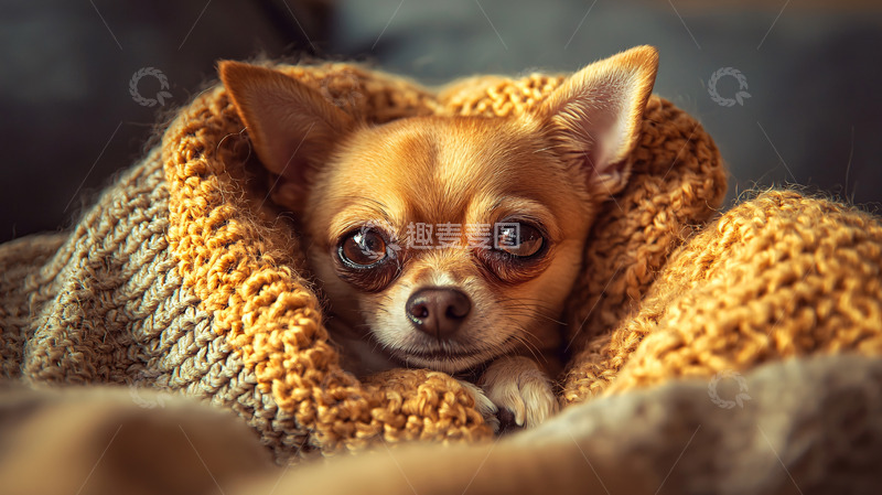 高清大图下载【趣麦麦图】可爱吉娃娃裹着毛毯