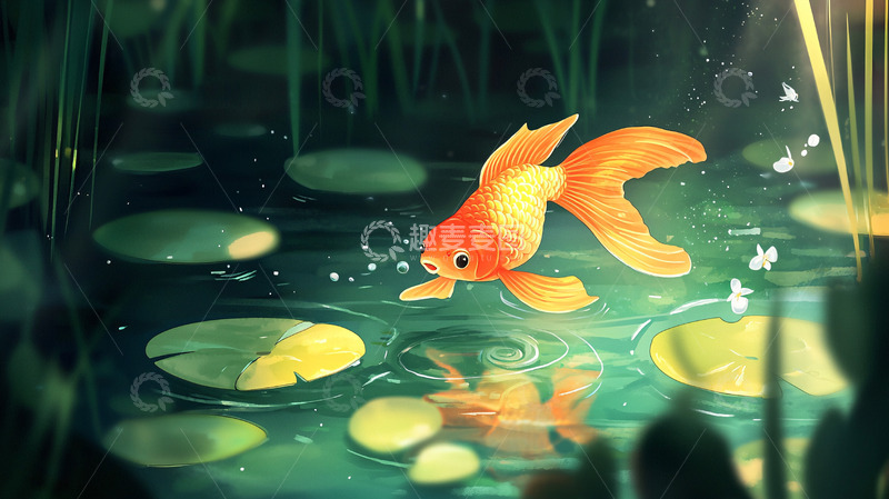 高清大图下载【趣麦麦图】金鱼在荷叶间的池塘
