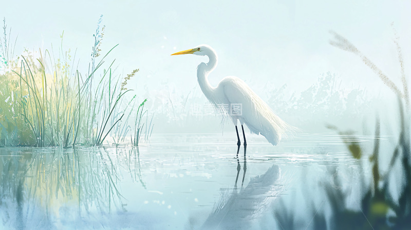 高清大图下载【趣麦麦图】白鹭在清晨的雾气中