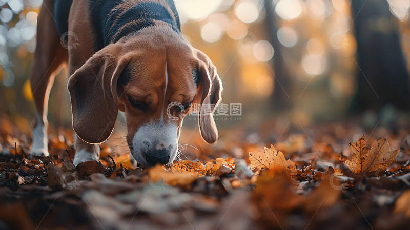 高清大图下载【趣麦麦图】秋天树林里寻觅的猎犬