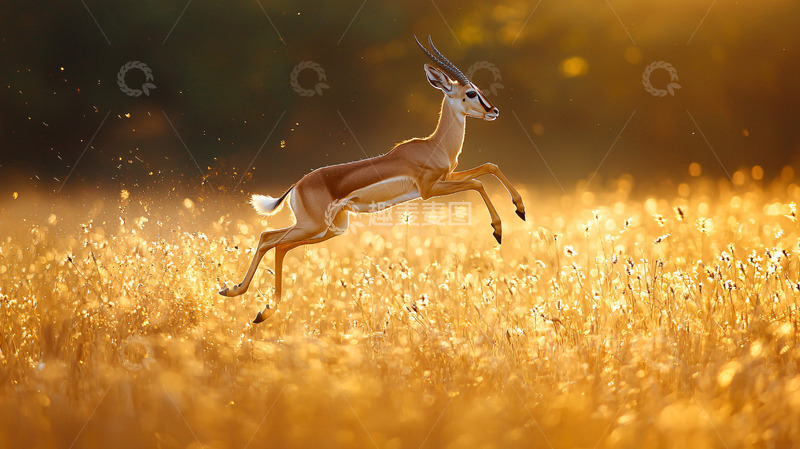 高清大图下载【趣麦麦图】金色草原跳跃瞪羚