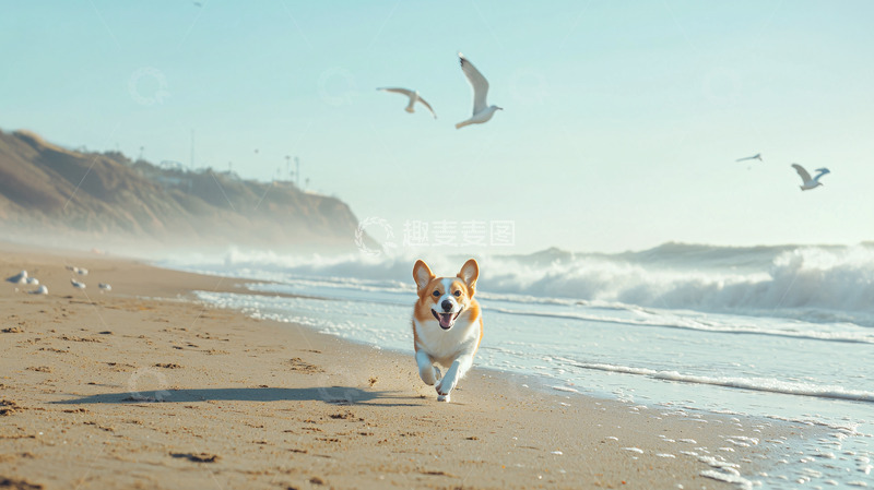 高清大图下载【趣麦麦图】沙滩上奔跑的柯基犬