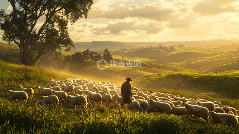 高清大图下载【趣麦麦图】牧羊人黄昏牧羊场景