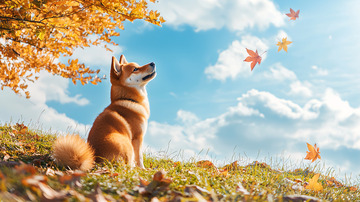 秋日暖阳下柴犬观赏落叶