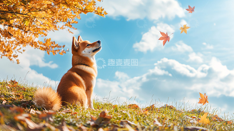 高清大图下载【趣麦麦图】秋日暖阳下柴犬观赏落叶