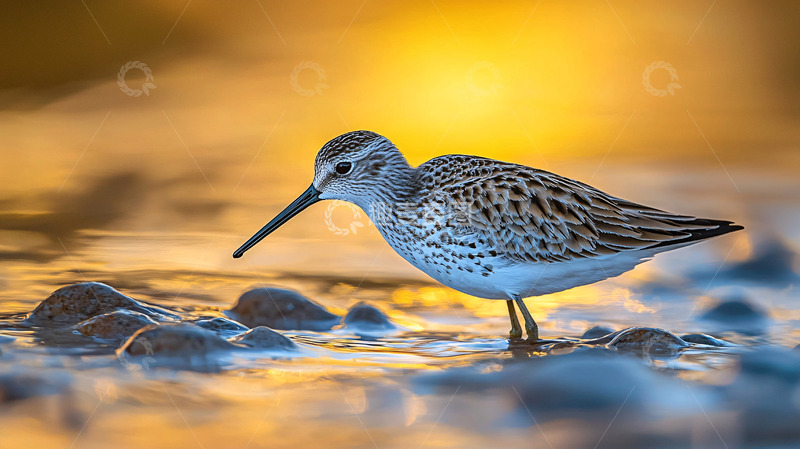 高清大图下载【趣麦麦图】夕阳下觅食的滨鹬