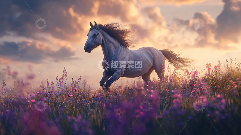 高清大图下载【趣麦麦图】奔腾的骏马紫花田野日落