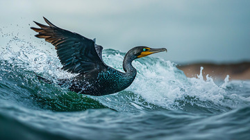 海浪中飞翔的鸬鹚