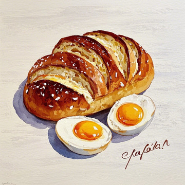 写实水彩面包鸡蛋