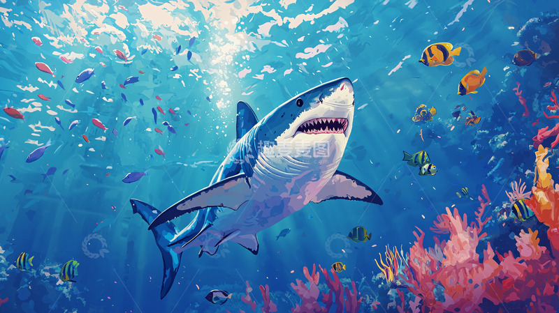 高清大图下载【趣麦麦图】深海大白鲨与珊瑚礁
