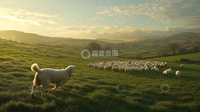 高清大图下载【趣麦麦图】牧羊犬带领羊群在山坡上
