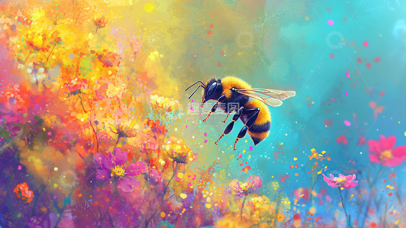 高清大图下载【趣麦麦图】彩色蜜蜂采花图