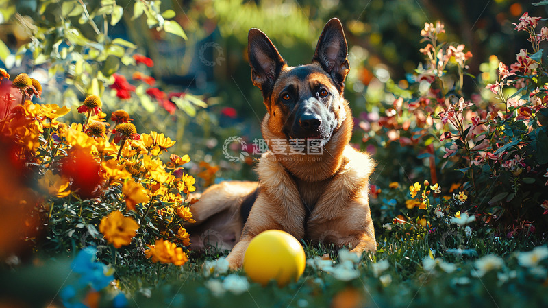 高清大图下载【趣麦麦图】德国牧羊犬鲜花花园