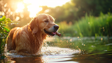 金毛犬在水中玩耍
