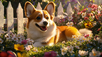 可爱柯基犬鲜花花园