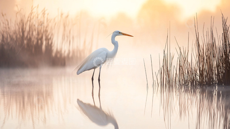 高清大图下载【趣麦麦图】清晨雾气中优雅白鹭