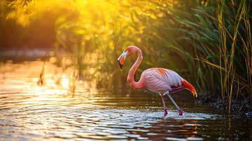 日出时分火烈鸟水中漫步