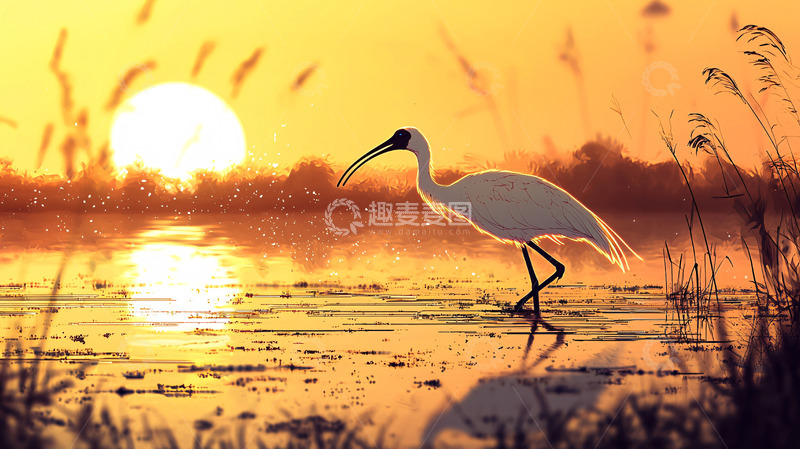 高清大图下载【趣麦麦图】日落时分湿地白鸟