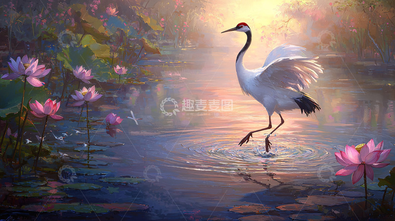 高清大图下载【趣麦麦图】仙鹤荷花清晨意境图