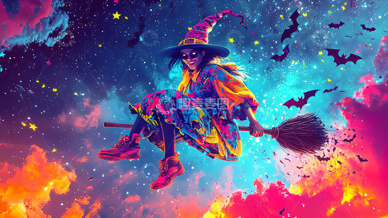 高清大图下载【趣麦麦图】彩色星空女巫飞天
