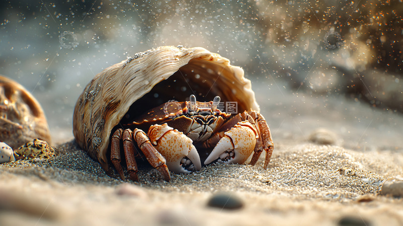 高清大图下载【趣麦麦图】螃蟹躲在贝壳里