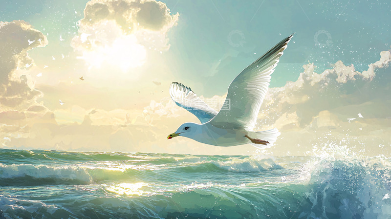 高清大图下载【趣麦麦图】海鸥飞翔大海日出