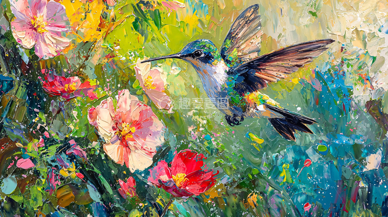 高清大图下载【趣麦麦图】蜂鸟吸食花蜜油画