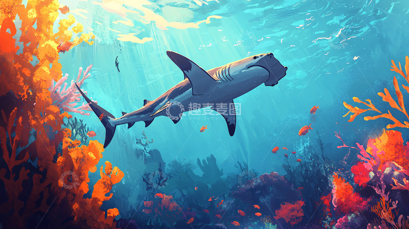 高清大图下载【趣麦麦图】阳光下的锤头鲨珊瑚礁