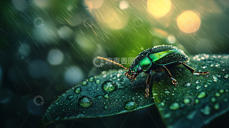 高清大图下载【趣麦麦图】雨中绿甲虫高清图片