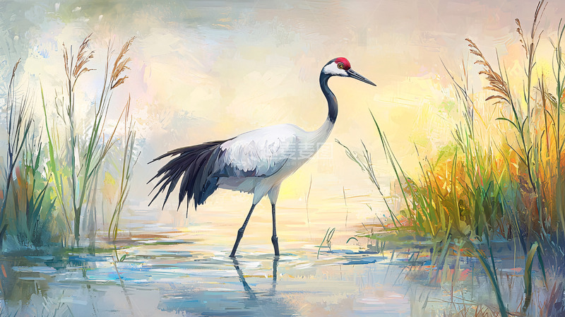 高清大图下载【趣麦麦图】丹顶鹤水彩画