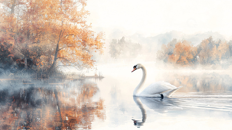 高清大图下载【趣麦麦图】秋日薄雾中优雅的白天鹅
