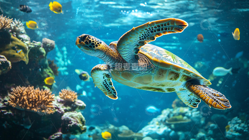 高清大图下载【趣麦麦图】海龟在珊瑚礁中游泳