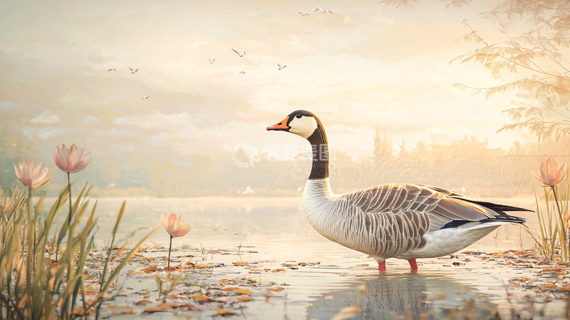 高清大图下载【趣麦麦图】清晨湖边一只加拿大鹅