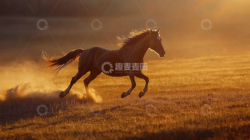 高清大图下载【趣麦麦图】金色夕阳下奔跑的骏马