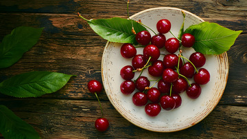 俯瞰盘子里车厘子图片