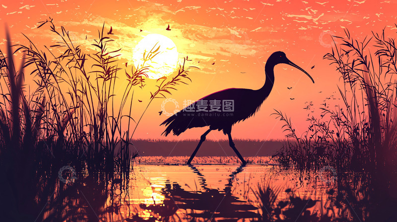 高清大图下载【趣麦麦图】日落剪影下的涉禽
